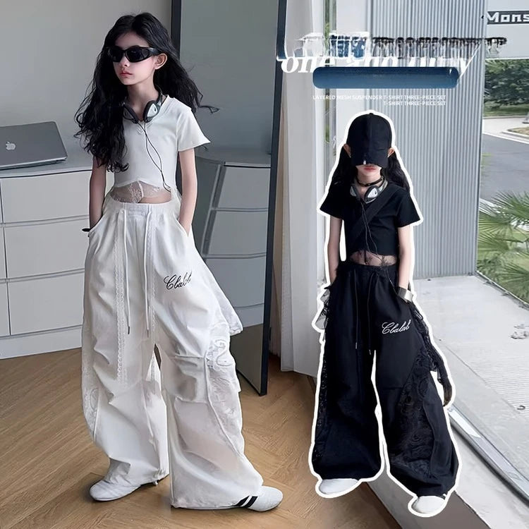 4-14 girls Hip Hop Jazz Street Dance clothes Set Child Summer Clothing Lace patchwork T-shirt+work pants 2pcs kids outfits suit