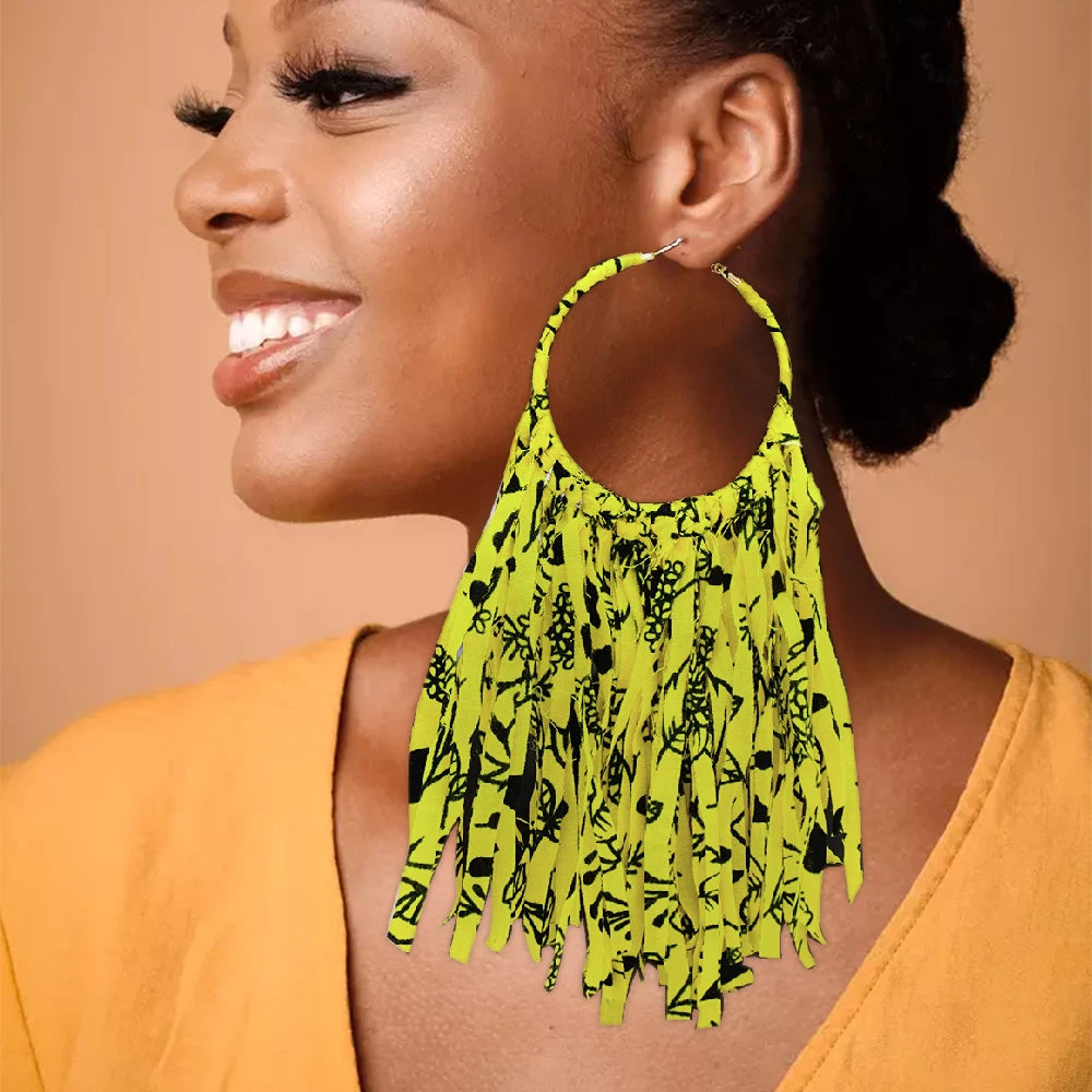 African Fabric Earrings Handmade Drop Tassels Earrings For Women Ethnic African Print Ankara Big Oversized Earings Daily Wear