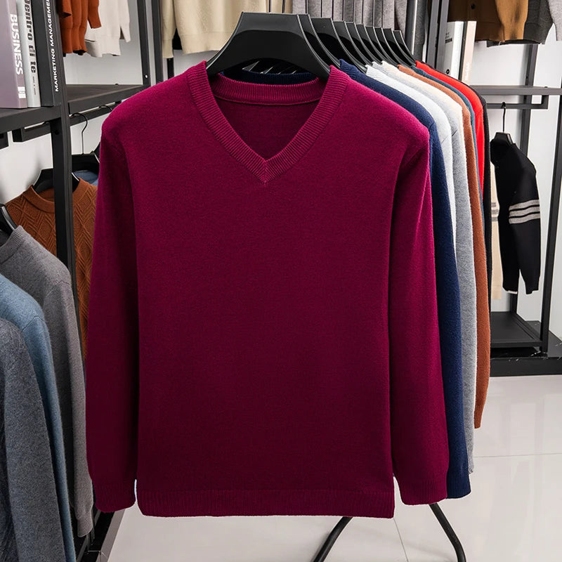 2026 Men's V-Neck Basic Solid Color Sweatshirt Warm Autumn Knitted Oversize Pullover Elastic round Neck Sweater for Casual Wear BAZAARHUBO