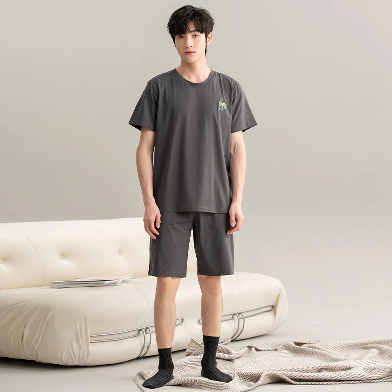 Couple Pajamas Set Summer Short-Sleeved Sleepwear 100% Cotton Men and Women Pyjamas