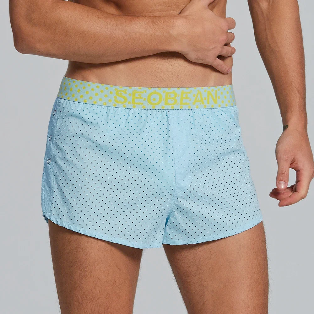 Summer new woven pure cotton Aro pants with side split button design, breathable mesh single-layer sleeping pants for men