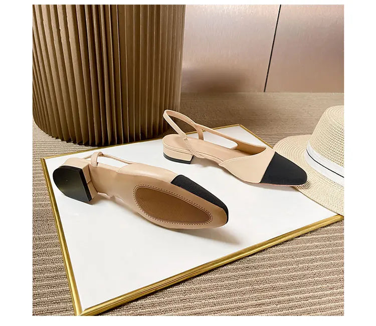 2023Spring Autumn Fashion High Heels Sandals Women's Dress Square Toe Slingback Shoes Women's Color Block Back With Flat Sandals