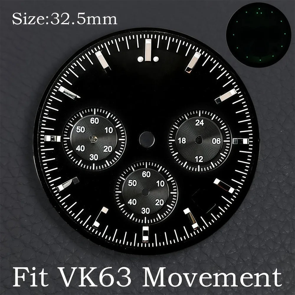 32.5MM Dial Fit VK63 Movement Green Luminous Dial Hands Men's Watches Part VK63 Watch Accessories Maintenance Tools