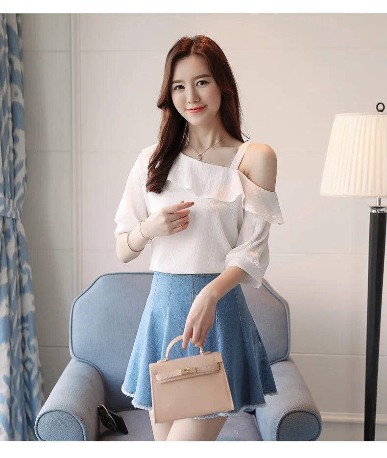 Women's One Shoulder Ruffles Chiffon Blouse Shirt Short Sleeve Pullover Acetate