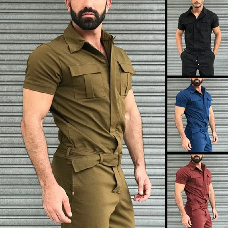 Multi-pocket Overalls Men's Jumpsuits Short Sleeves Trousers Suits Zippered Jumpsuits Men's Overalls Belted Jumpsuits