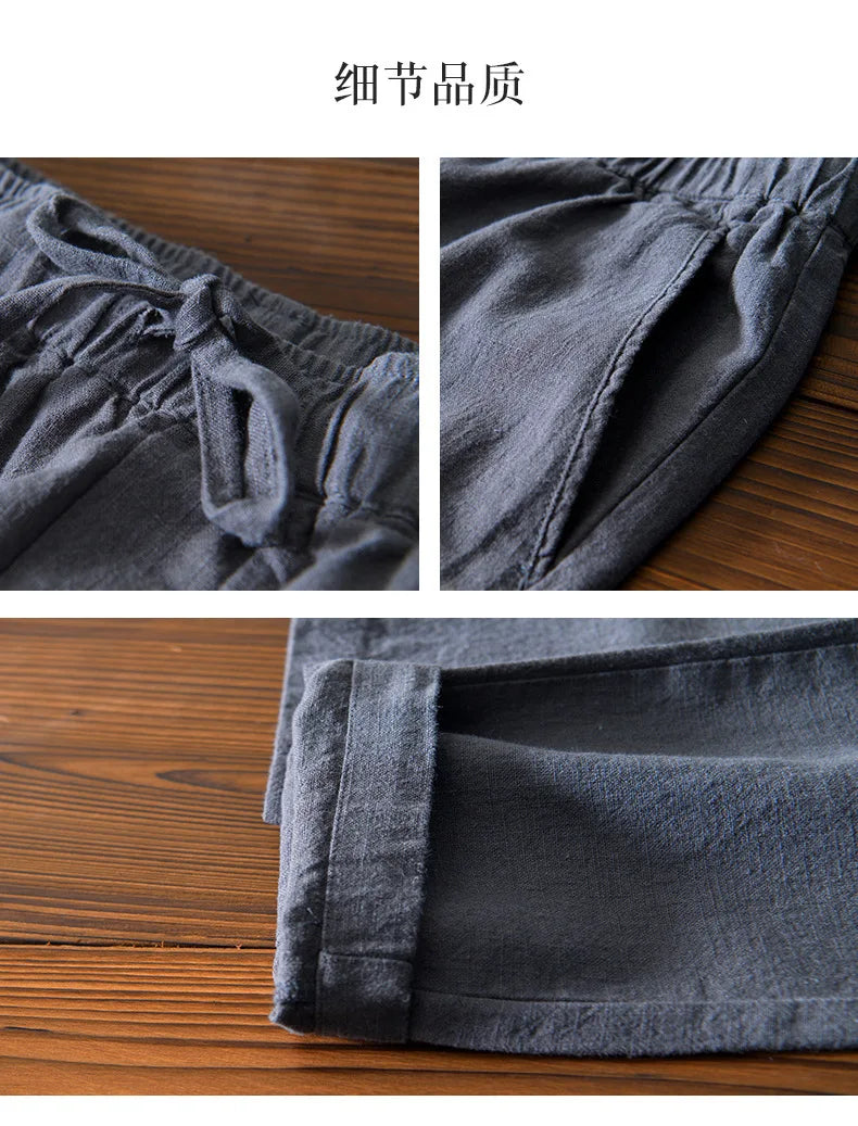 70% Linen,30% Cotton Men's Drawstring Elastic Waist Casual Pants, Straight Loose Ramie Trousers, Camping Fishing Comfortable
