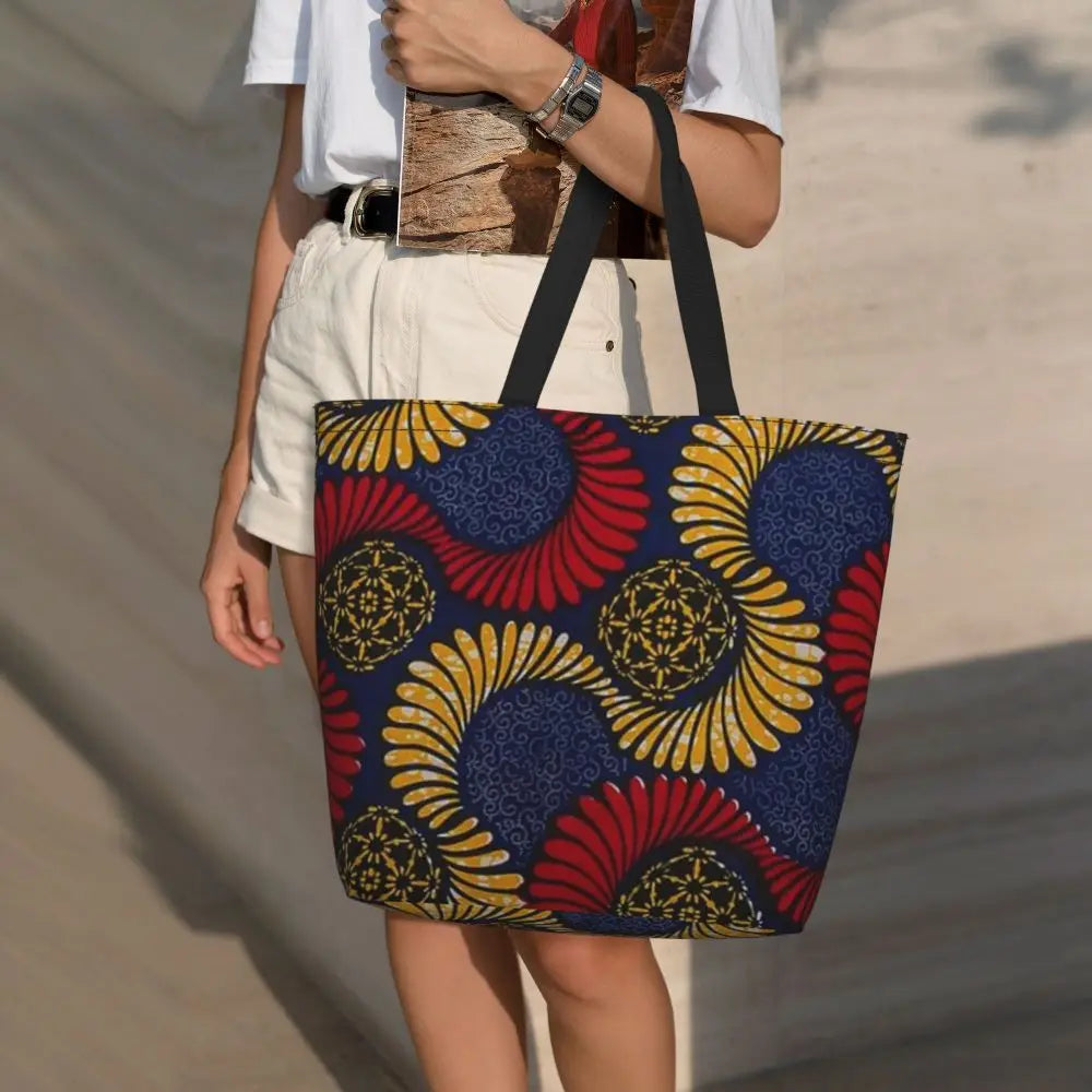 African Ankara Prints Grocery Shopping Tote Bags Women Geometric Ethnic Art Canvas Shoulder Shopper Bags Big Capacity Handbag