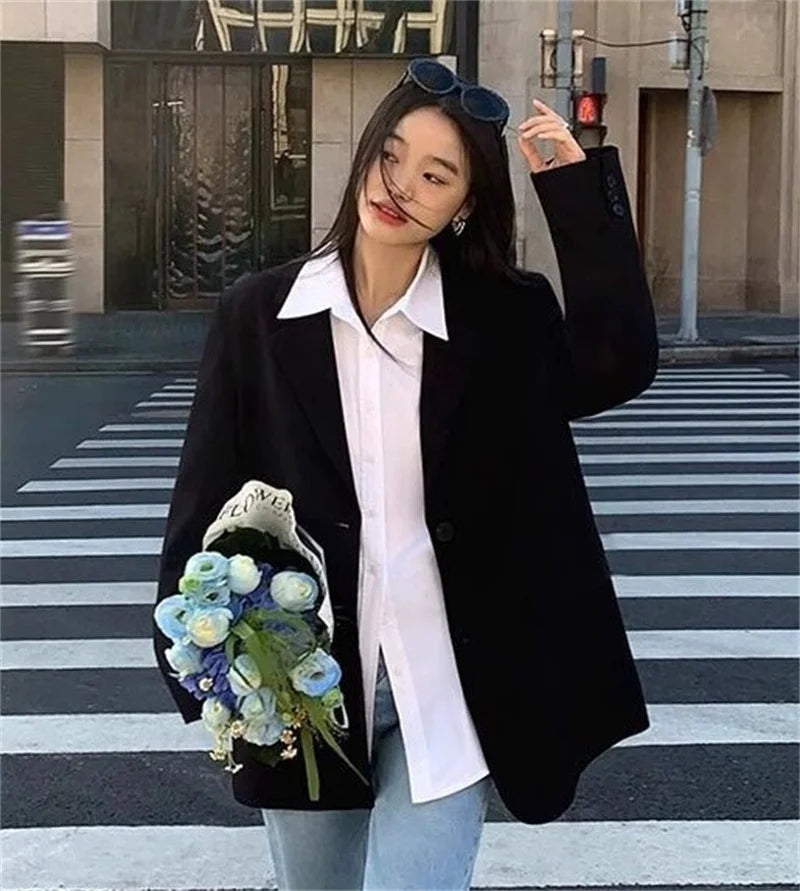 Back Slit Design Blazer Coat For Women Casual Korean Streetwear Chic Long Sleeve