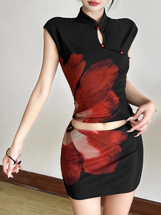 Floral Print Skirt Set For Women Elegant Clothes Ensembles De Jupes Sleeveless Conjuntos De Falda 2 Piece Sets Womens Outfits