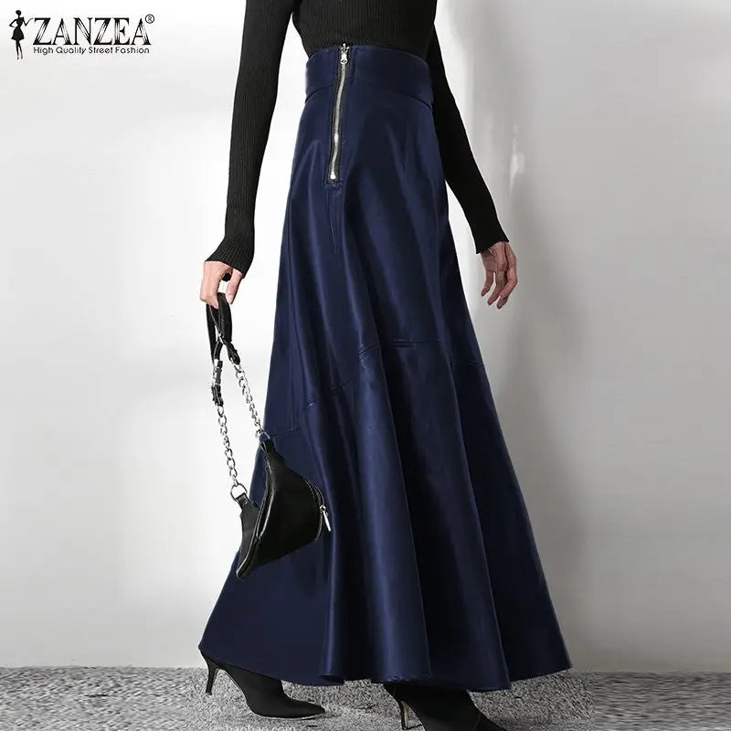 ZANZEA Women's PU Leather Maxi Skirt 2025 Autumn Elegant OL Long Saias Fashion Solid Mujer Faldas Casual High Waist Zipper Jupe