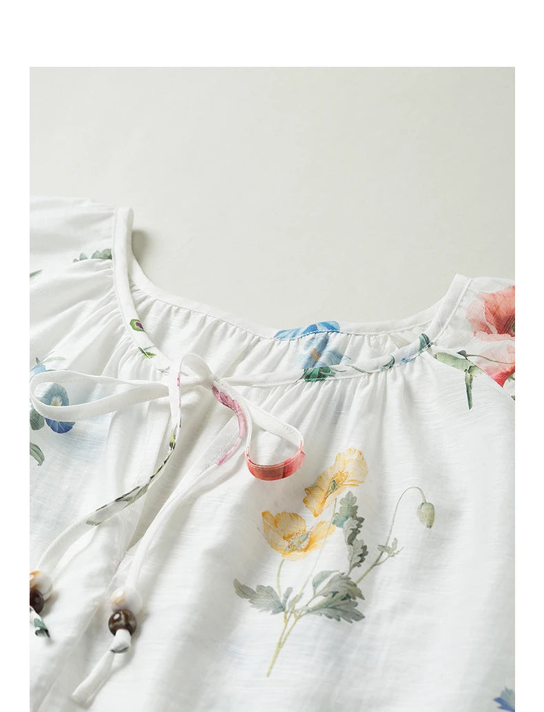 TOYOUTH Women Blouse Shirt 2025 Spring New Linen Floral Printed Velvet Casual Pullover Tops