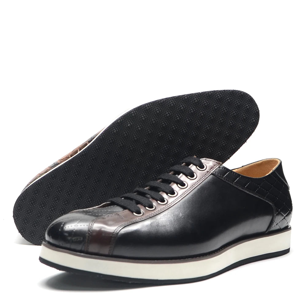 European Style Genuine Leather Men's Casual Shoes Luxury Plaid Business Social Black Flat Lace-Up Sneaker Shoes for Man
