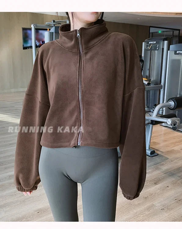Women Loose Cropped Jacket Loose Zipper Sweatshirt Y2k Long Sleeve Coat Cardigan Sportswear Streetwear Drawstring Tops Clothing