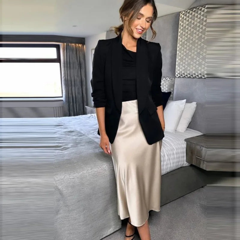 HXAO 2025 Skirts For Women Black Satin Skirt Summer Elegant Women's Midi Skirts High Waist Smooth Skirts Green Flare Skirt 088