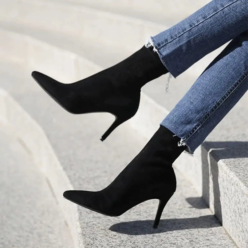 Comemore 2021 Autumn Winter High Heel Women's Shoes Pointed Toe Stiletto Ankle Boots Stockings Black Girls' Socks Boots Dress 34