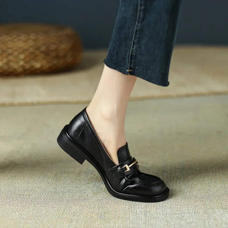 Ochanmeb Natural Leather Loafers Flat Shoes Women Brand Metal Chain Round Toe Slip-ons Flats Ladies Casual Creepers Moccasins 40