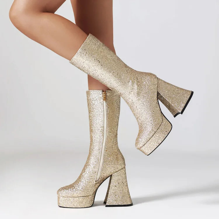 Ochanmeb Women Gold Sequins Boots Platforms Super High Chunky Heels Pink Mid-Calf Boots Gothic Zipper Woman Silver Glitter Shoes