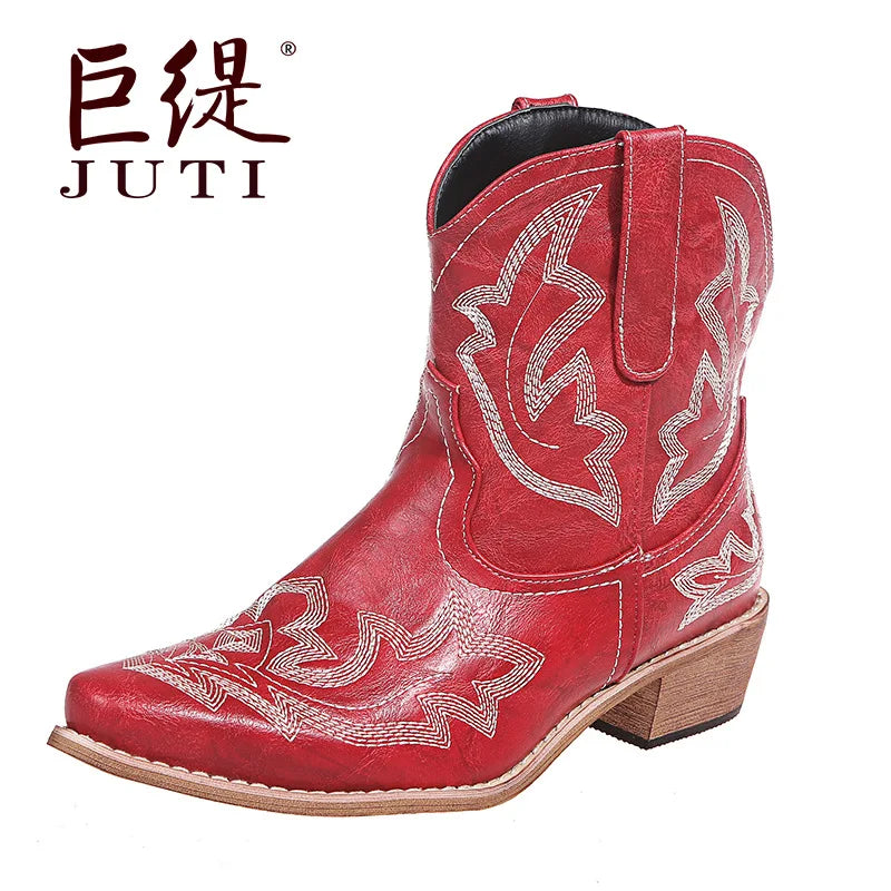 Casual Autumn Winter Western Cowboy Ankle Boots Women Snake Leather Cowgirl Booties Short Cossacks botas High Heels Shoes