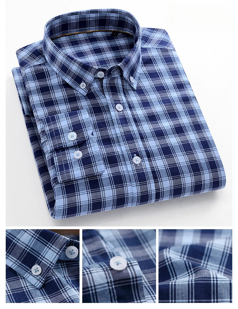 Fashion korean trends casual long-sleeve shirts for men slim fit plain shirt 100%cotton plaid striped tops soft designer clothes