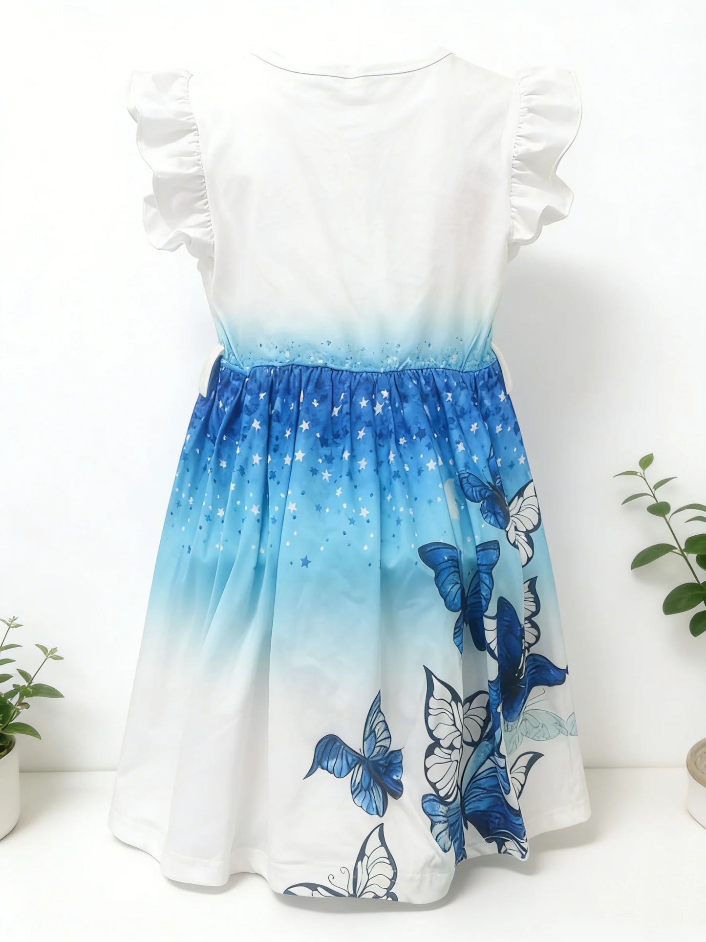 Girls White Base Blue Butterfly Ombre Ruffle Sleeve Dress Sweet Style Summer Outfit
