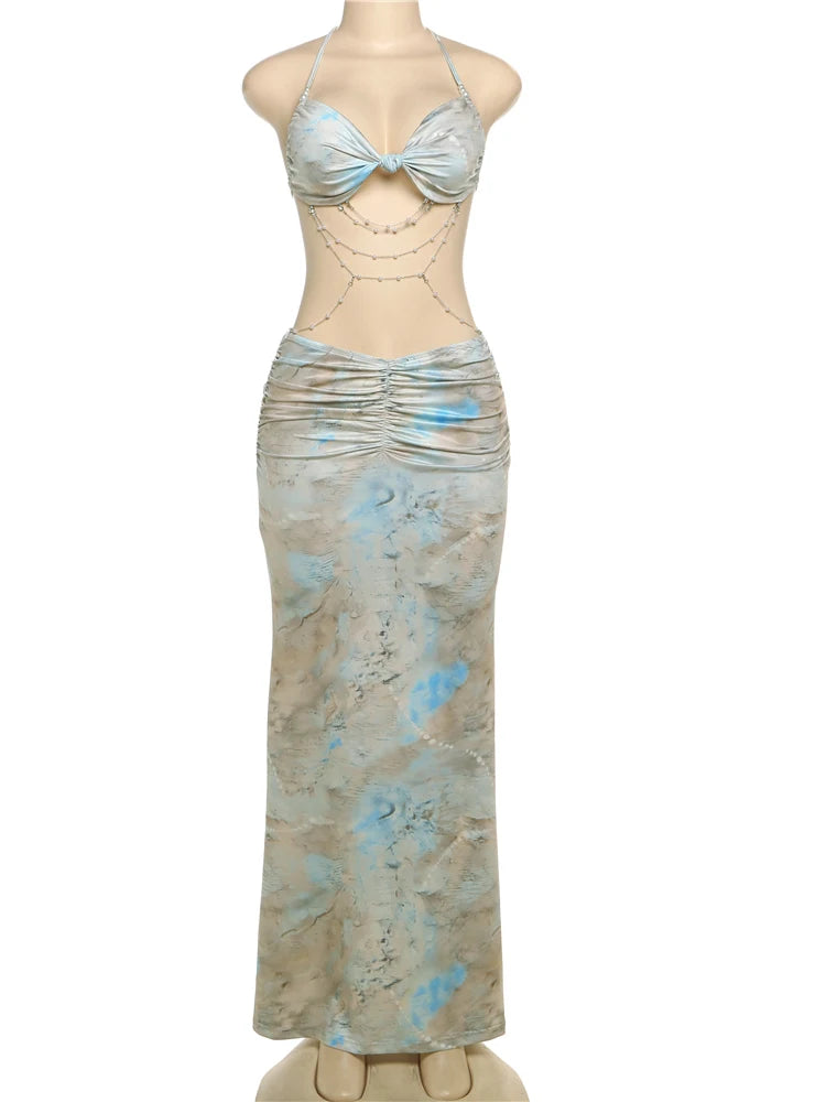kliou Pearl Splice Stunning Dresses Women Sexy Tie Dye Tassel Bandage Hollow Shirring Maxi Bodycon Lady Vacation Party Vestidos