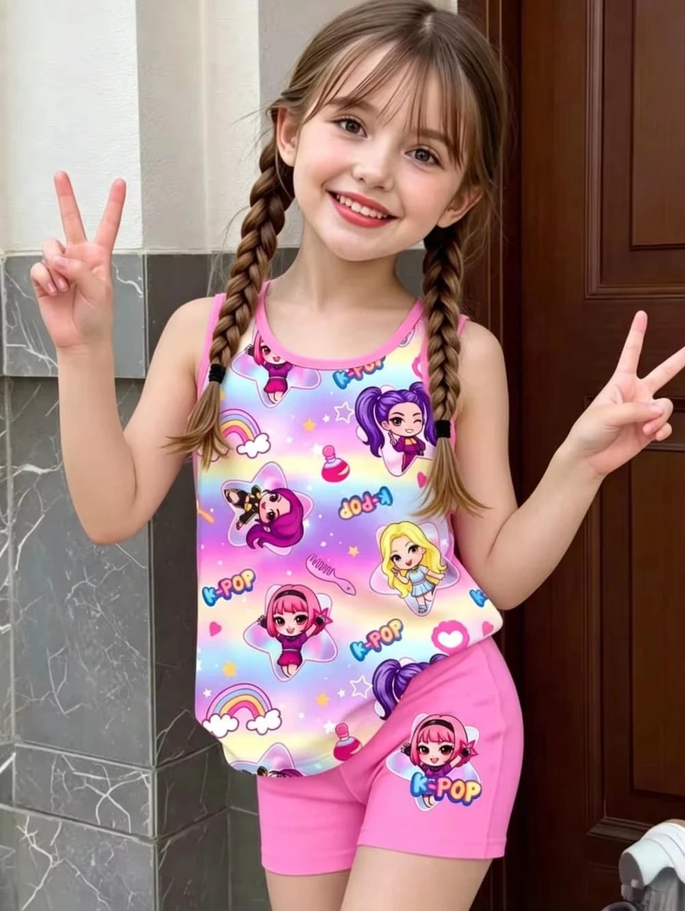 Kids Clothes Girls 2-Piece K-Pop Star Print Tank Top T-Shirt & Shorts Set Casual Streetwear Summer Daily Outfit Girls Clothes