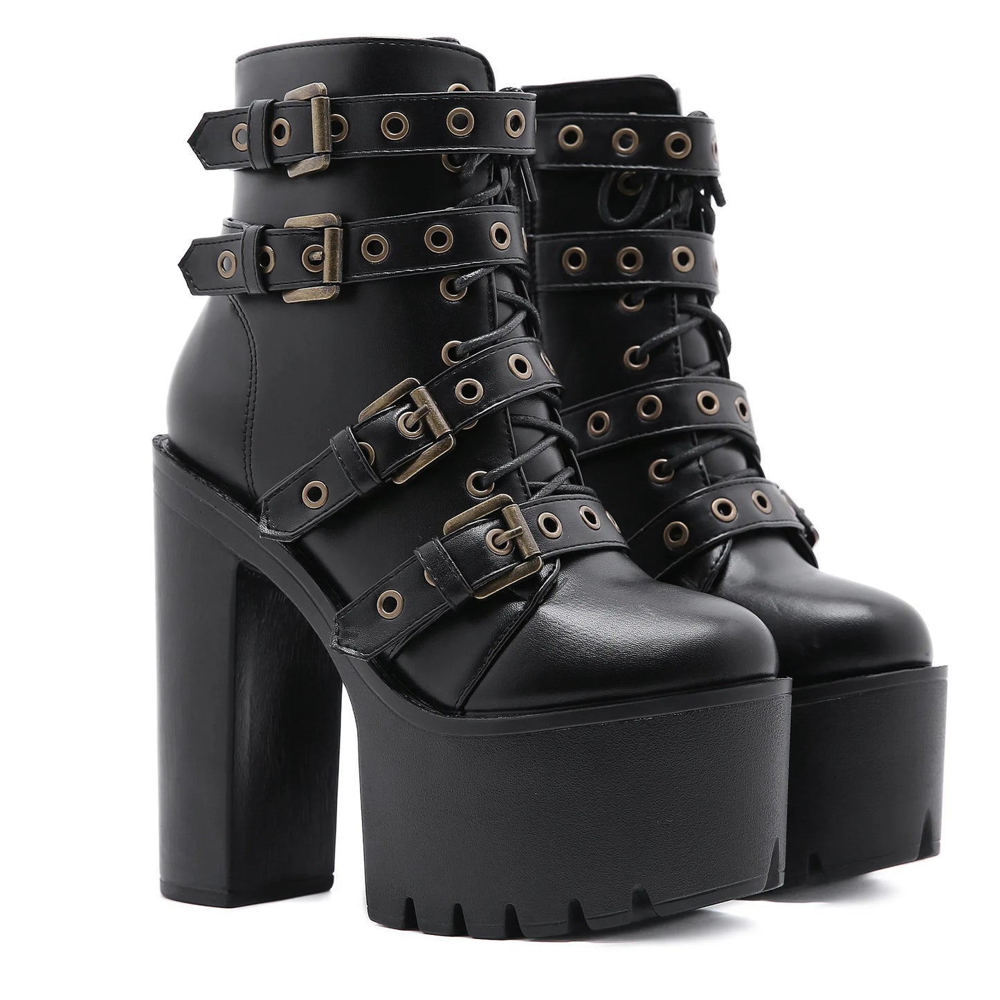Zip Up Platform Ankle Boots High Heels Round Head Black Leather Goth Studded New Rock Combat Punk Women Shoes On Offer