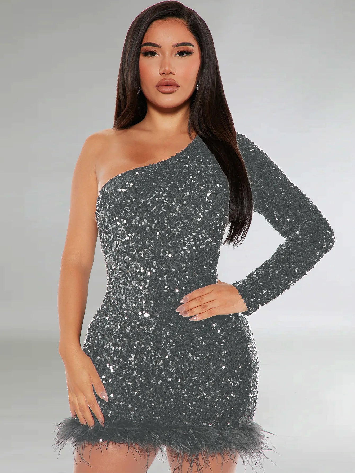 Sexy and Elegant Women's Party Dress Long Sleeved Diagonal Shoulder Off Shoulder Sparkling Edge Sequin Tight Women's Prom Dress