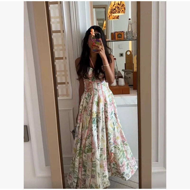 Printed Sleeveless Halter Long Dress Women Chic Waist Cinching A-line Sling Slim Fit Dresses Lady Spring Summer Vacation Gown