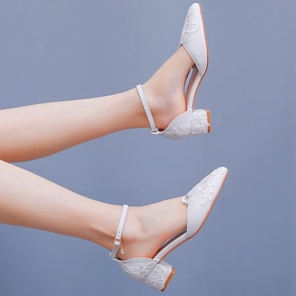 White Lace Wedding Shoes Thick Flower High Heels Women Bridal With Low Mouth Buckle 7CM Sandals Pumps