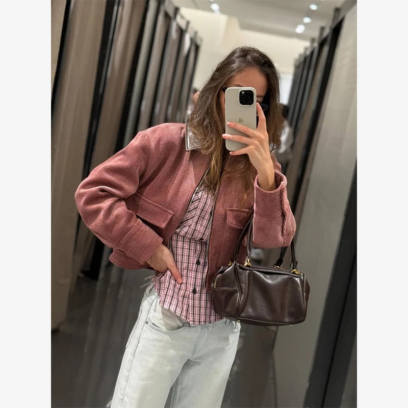Women Pu Leather Collar Pink Cropped Jacket Corduroy Fashion Long Sleeve Zipper Coat 2026 New Lady Spring Chic Street Outwear