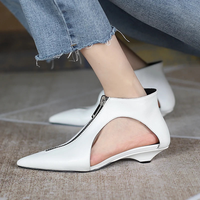Original Design 2025 Spring Leather Women's Casual Black White Summer Boots Trendy Fashion Boots High Heels Zipper Shoes Woman