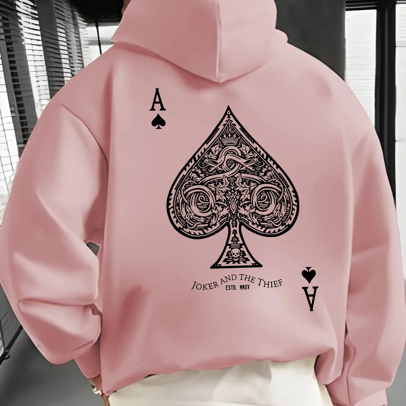 Men's autumn and winter casual fashion loose back poker card A graphic printed long sleeved hooded sweatshirt warm pullover BAZAARHUBO