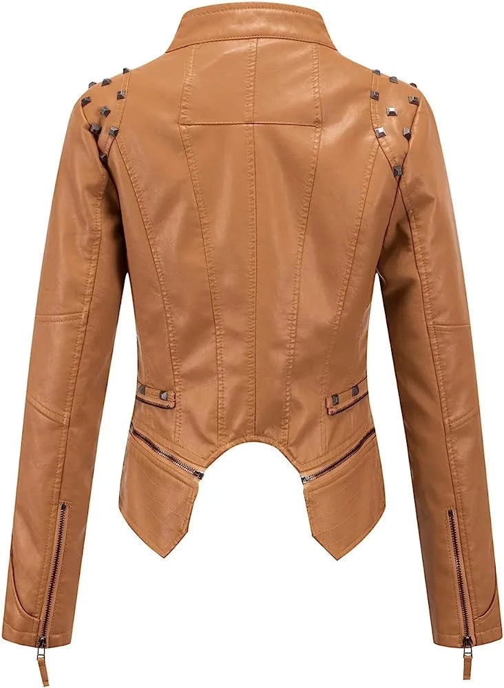 2025 Spring Women PU Leather Jacket With Suit Collar And Rivet Waist