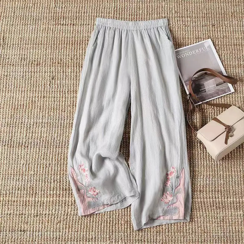Chinese Style Vintage Embroidery Casual Trousers Women Summer Pants Literature Art National Style Retro Embroidery Bottoms