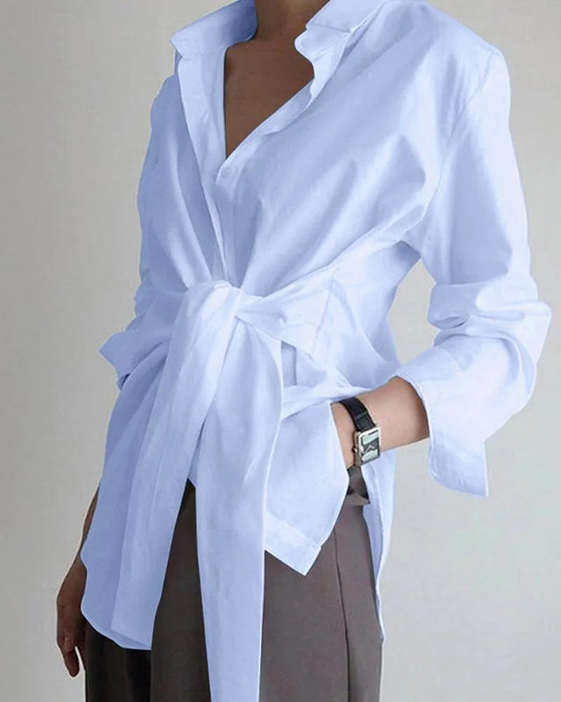 Slim Button White Shirt Women Fashion Tops Office Lady Shirt Loose Long Sleeve Blouse Female Ruched Lace Up Solid Blouse 18659