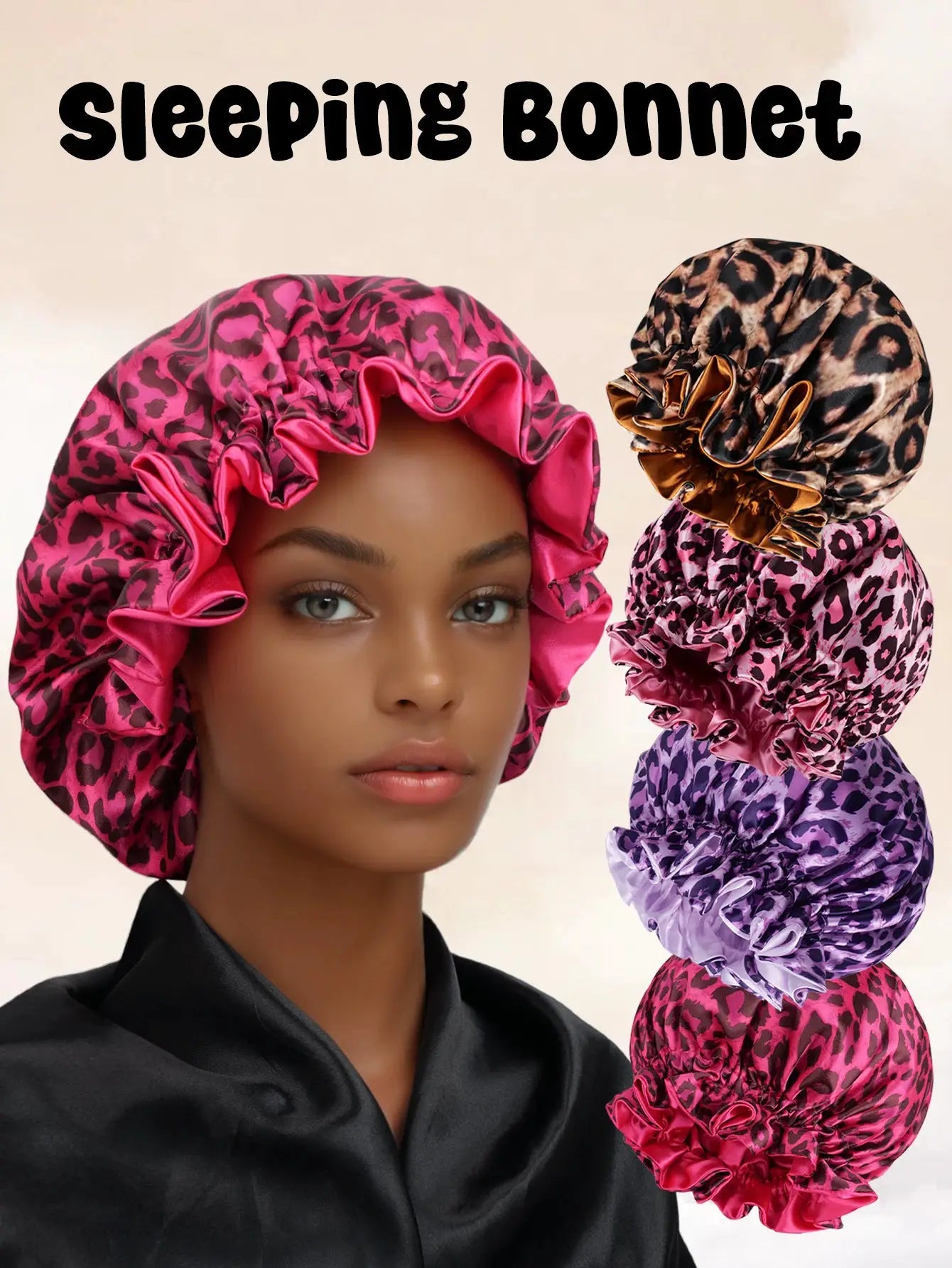 4Pcs Double Layer Satin Hair Bonnet Printed Leopard Splicing Design for Curly And Straight Hair Sleeping Cap BAZAARHUBO