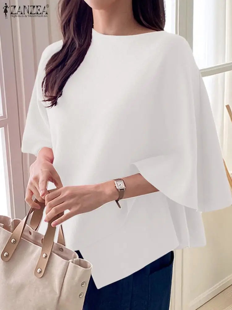 ZANZEA Women Fashion Blouse Chic 3/4 Sleeve Ruffle Hem Top Shirt 2025 Summer Round Neck Loose Blusa Elegant Irregular Work Tunic