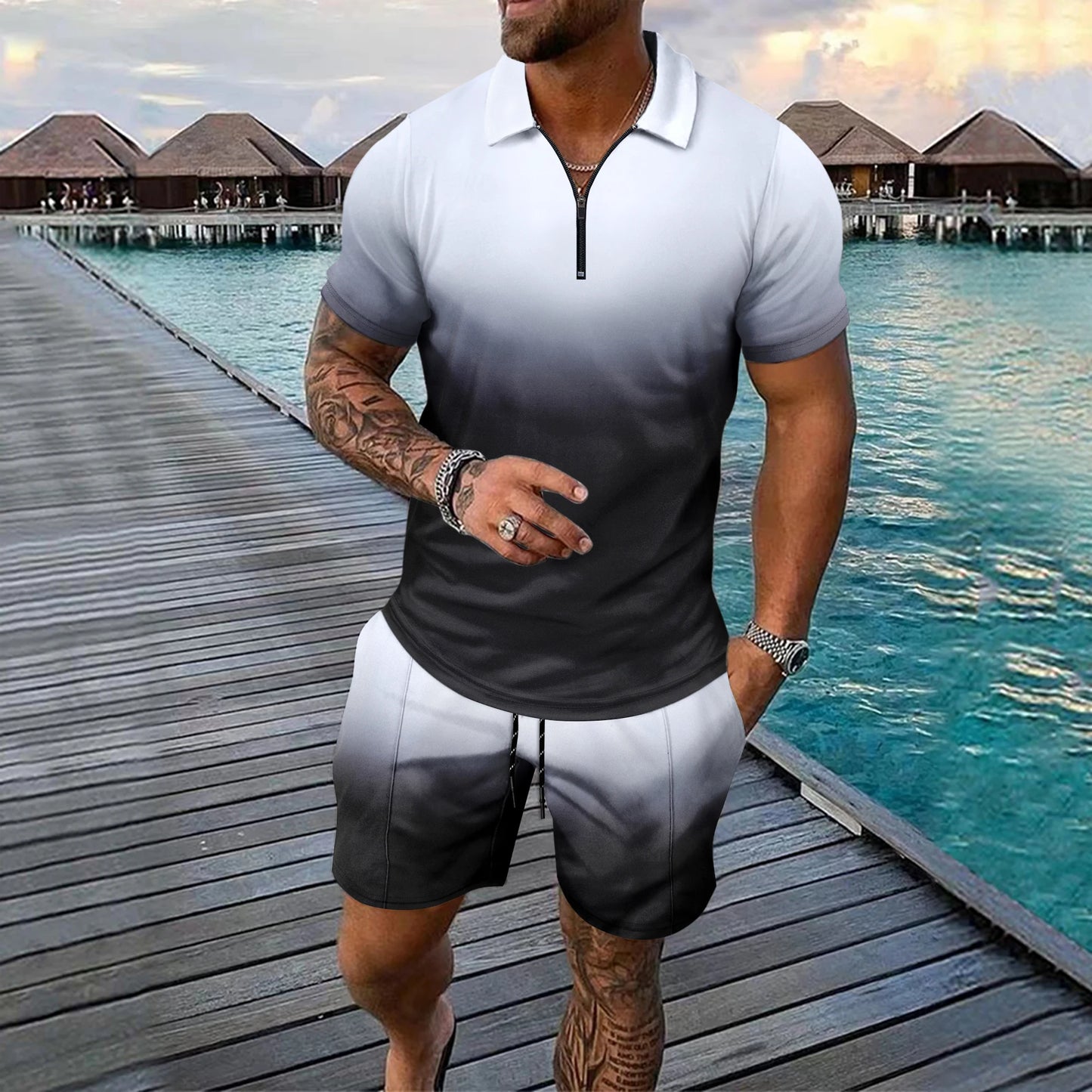 Interesting Men's Short Sleeved Set 3D Checkered Printed Fashionable Zipper Polo Shirt Suit Loose Summer T-shirt Set Ropa Hombre