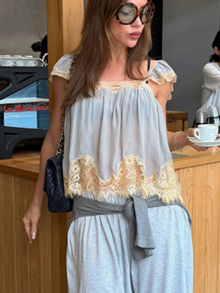 Lace Spliced Square Neck Spaghetti Strap Blouse Loose Fit Cropped 2026 Summer Women Chiffon Top Causal Delicate Lady Blusa