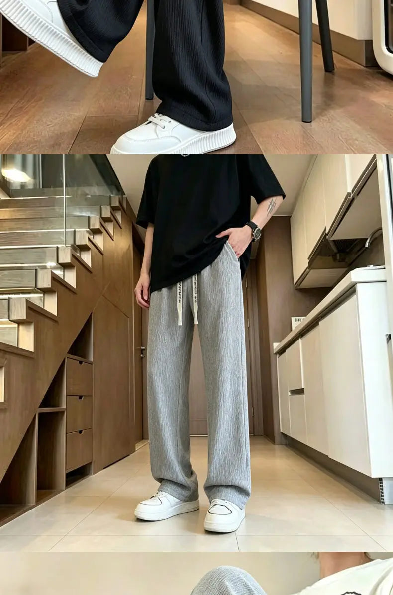 New Mens Wide Leg Pants Summer Loose Textured Casual Trousers Baggy Straight Relaxed Fit Streetwear Comfortable Pants