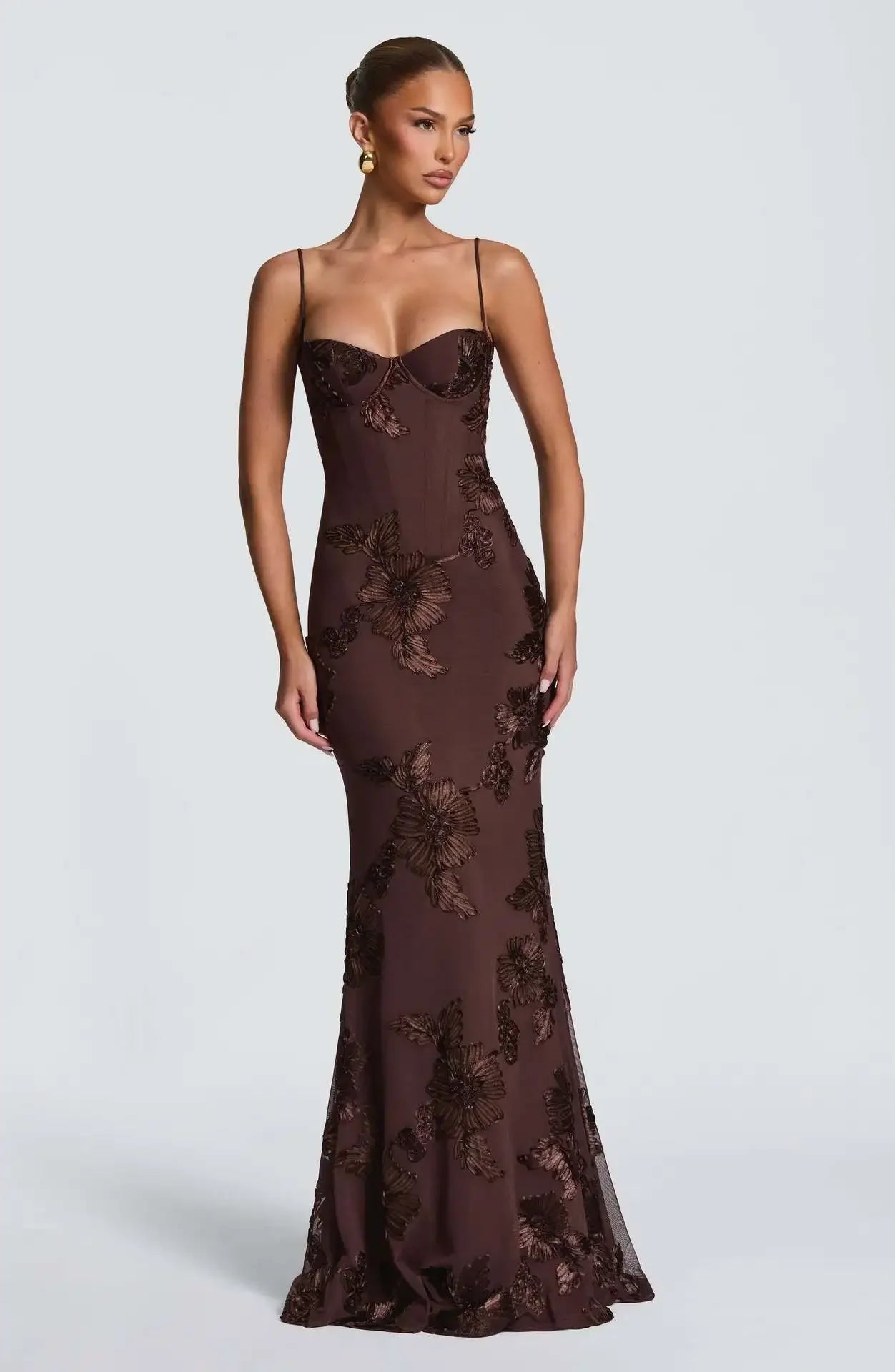 Elegant Women 3d Embroidery Floral Long Dress Women Backless Cross Tied Spaghetti Strap Robe Slim Floor Length Evening Dresses