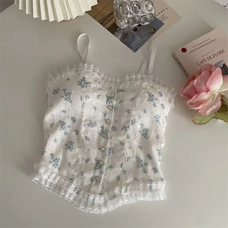 Korean Women Lace Tank Tops Back-beautiful Underwear Summer Floral Tube Tops French Wood Ear-hem Camisole ropa de mujer