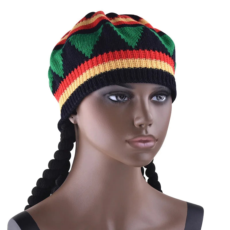 Unisex Synthetic Wig Knit Braid Hat Jamaican Bob Rasta Beanie Cap Dreadlocks Wig Bob Marley Caribbean Hip Hop Cosplay Headwear
