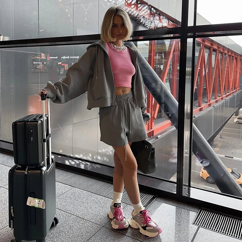 Fashion Women's Hoodie Shorts Pants Long Sleeve Pocket Lace Up Short Pants Lady Set 2025 Summer Autumn Casual 2 Piece Set Women