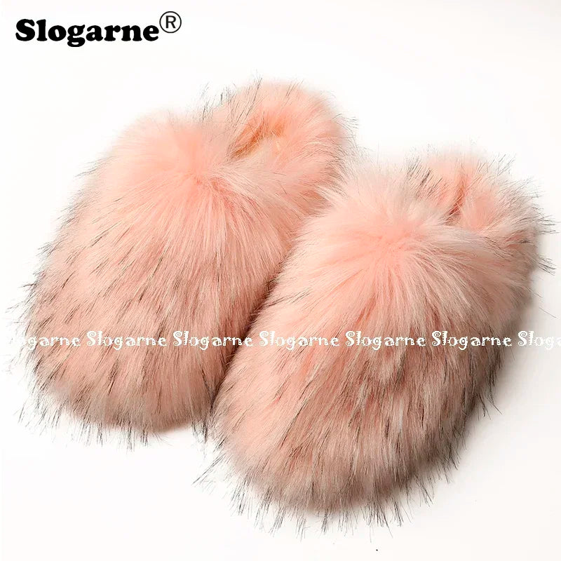 Ladies Winter High Quality Fox Fur Slippers Women Warm Fur Slides Girls Luxury Furry Slippers Soft Comfortable Home Cotton Shoes
