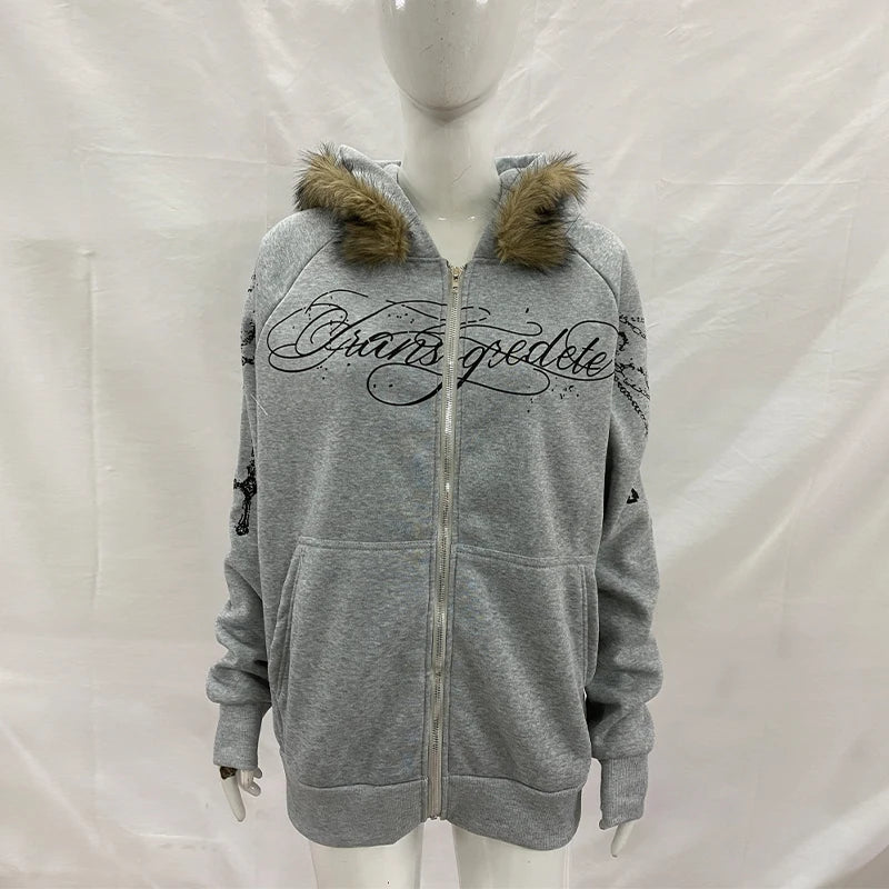 European And American High Street Printed Zipper Hoodie Loose Fit Sweatshirt