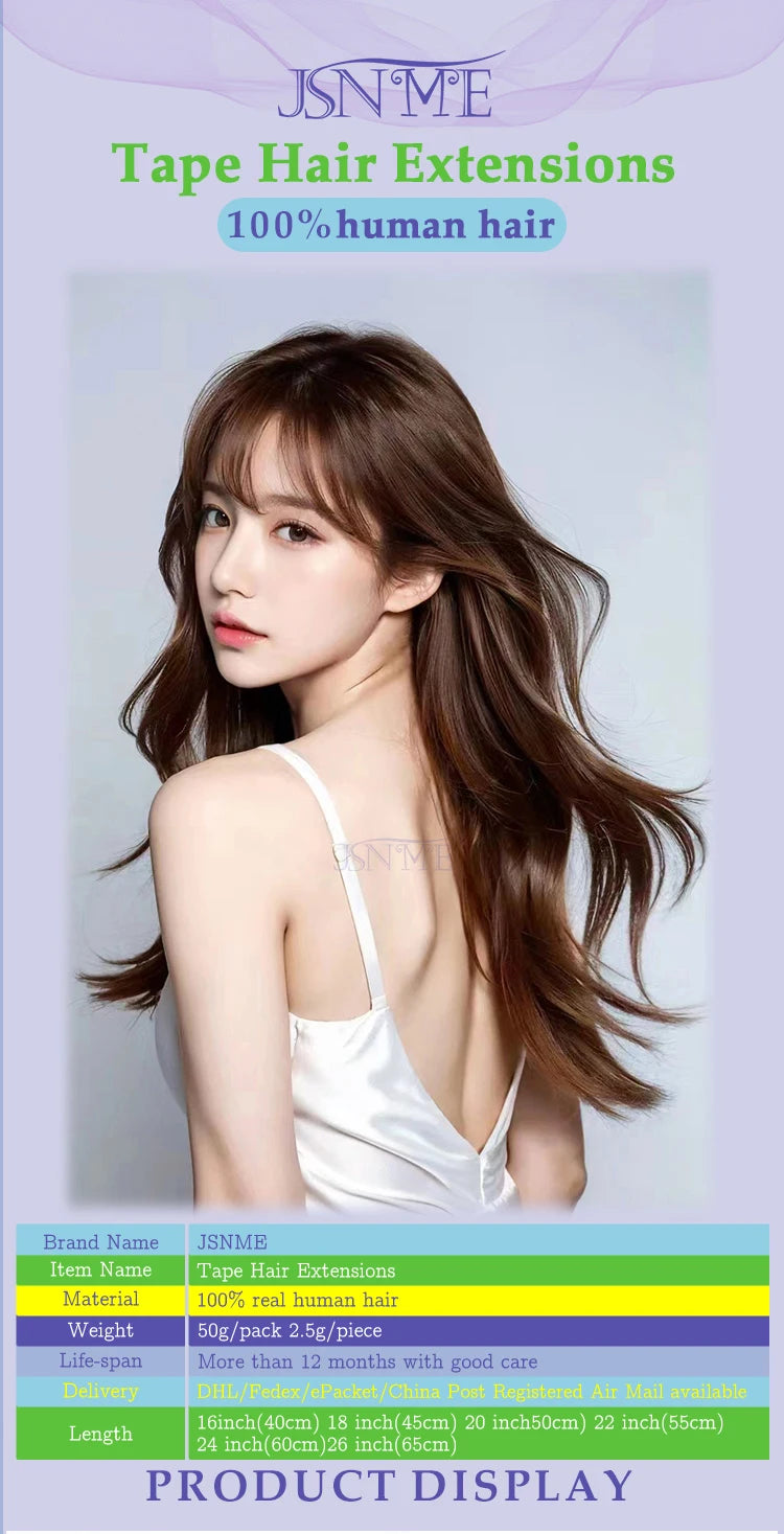 JSNME High Quality Tape In Hair Extension Invisible 100% Real Human Hair Straight Tape Ins  Brown Blonde 2.5g/pcs 16-22 Inch