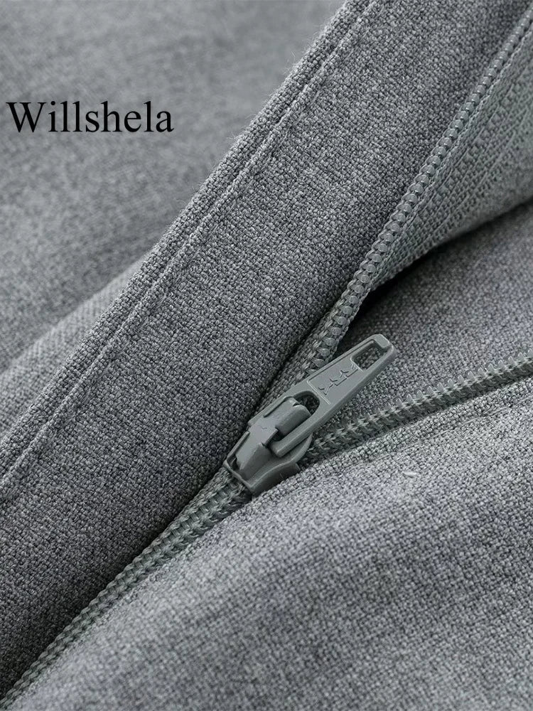 Willshela Women Fashion 2 Piece Set Grey Single Breasted V-Neck Vest & Vintage High Waist Shorts Female Chic Lady Shorts Set