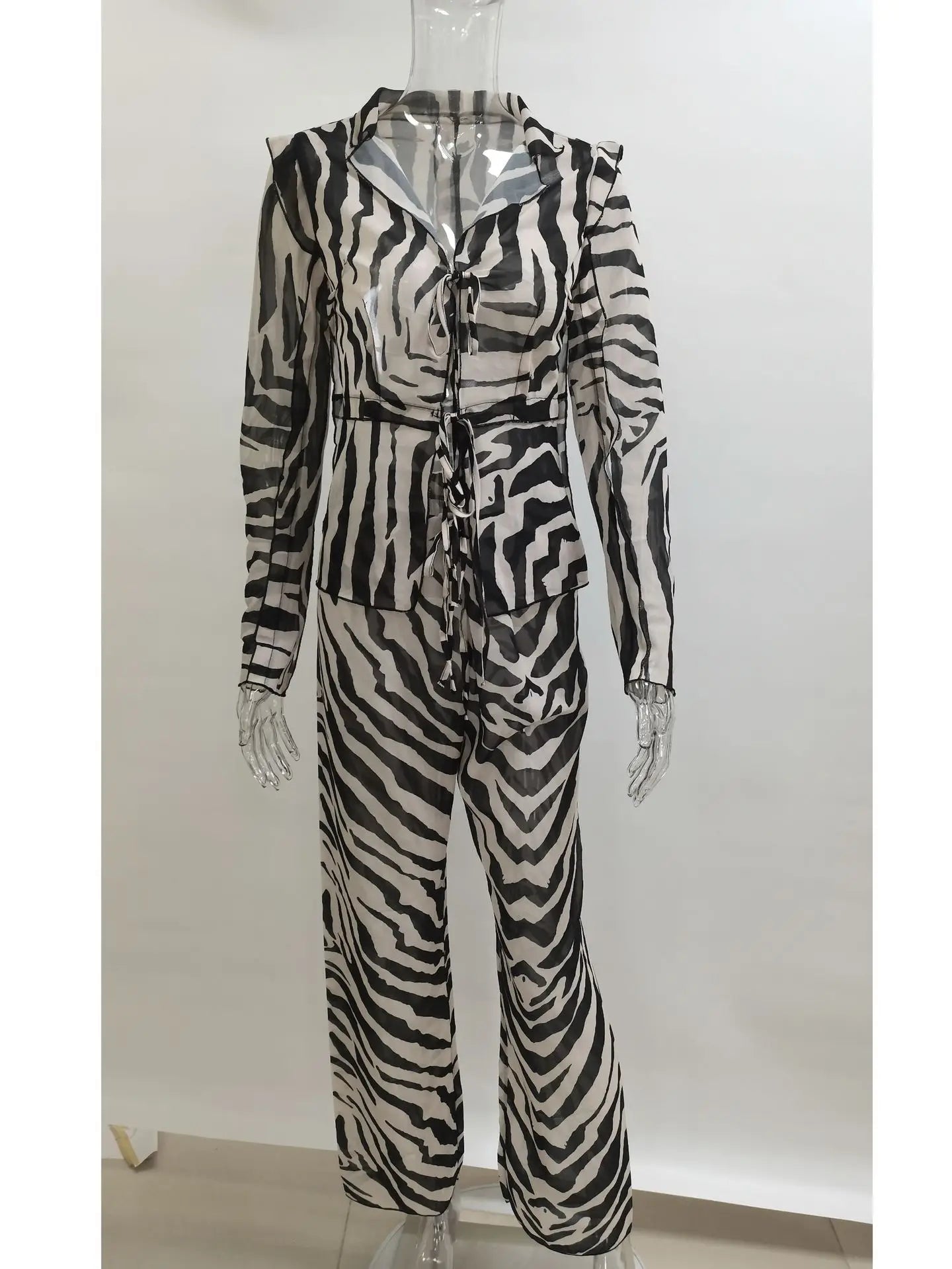 Cryptographic Animal Print Mesh Sheer Stripe Tie Front Detail Top Matching Sets Fashion Outfits 2 Piece Sets Holiday Beachwear